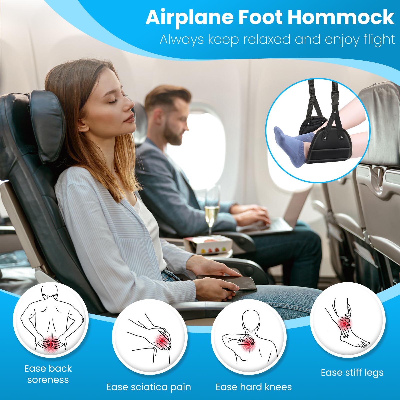 CELYST 2-Pack Airplane Foot Hammock for Travel - Portable Memory Foam Foot Rest for Long Flights, Kids & Adults - Perfect for Airplane, Office Desk & Home Use (Black+Black) | Travel Essentials & Comfort Accessories