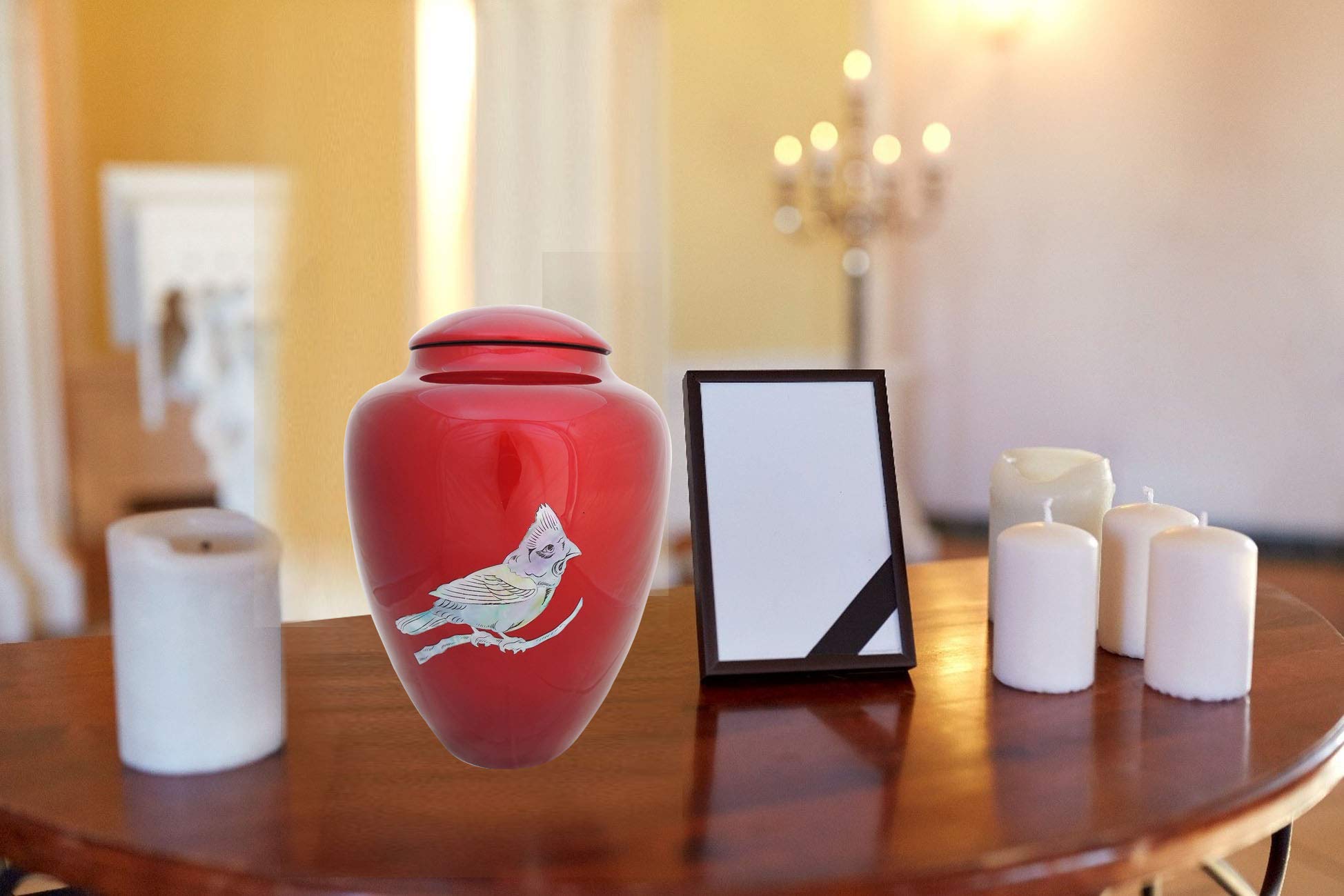 Handcrafted Fiber Glass Cremation Urn with Mother of Pearl Finish - Lightweight Adult Funeral Urn for Ashes - Includes Free Velvet Bag & Ash Bag (Red Cardinal) - Perfect for Memorial Services & Home Display