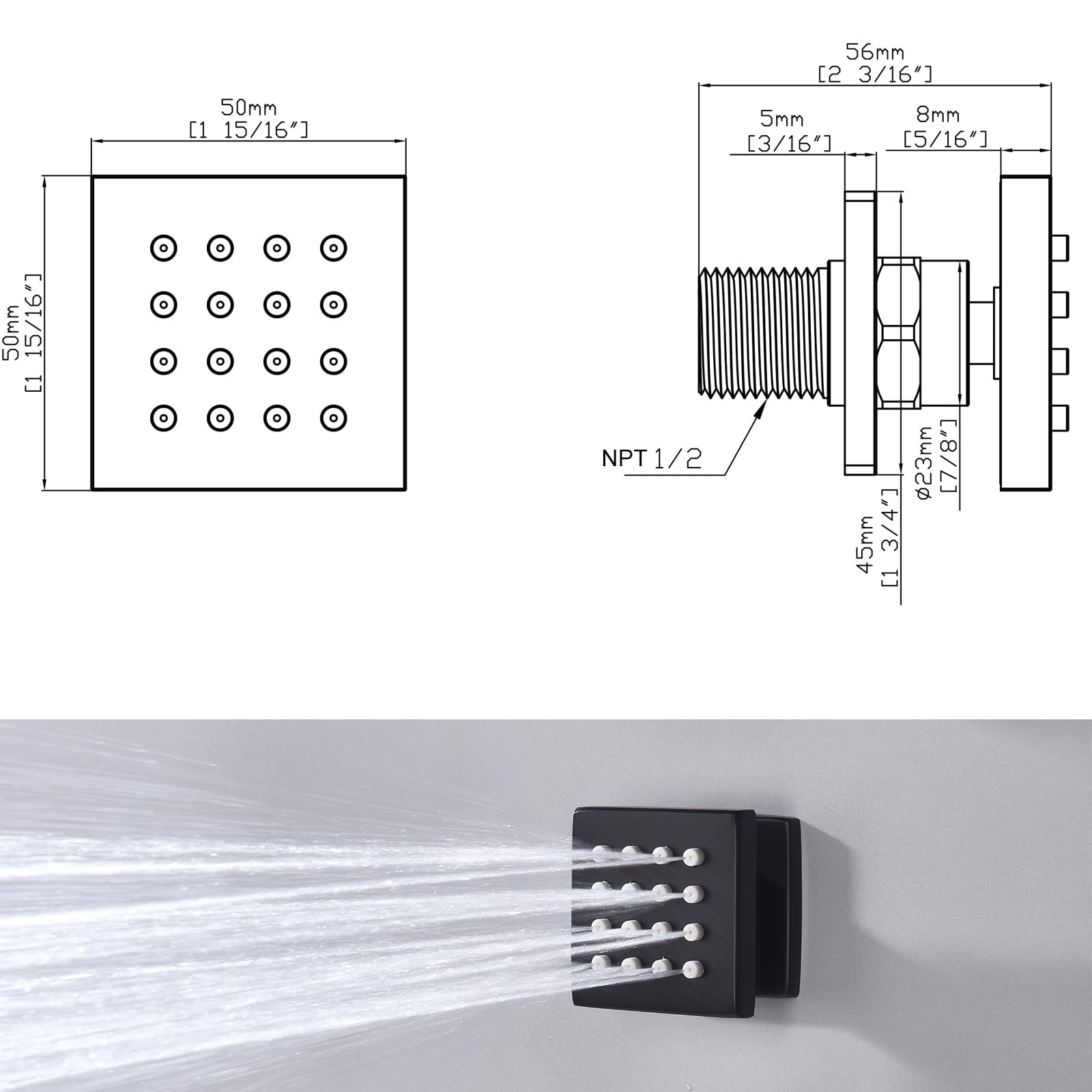 6PCS Square Shower Body Jet Spray - Brass Head Massage Jets with On/Off Flow Control - Matte Black Wall Mounted Spa System for Relaxing Bath & Luxury Shower Experience