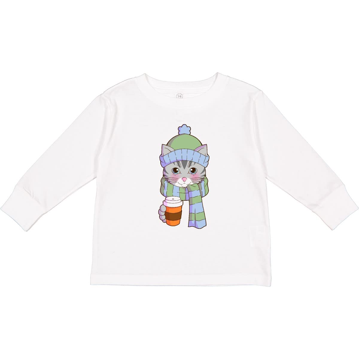 Inktastic Cute Gray Tabby Cat in Scarf and Hat Toddler Long Sleeve T-Shirt - Soft Cotton Kids Tee for Playdates, Holidays & Family Photos