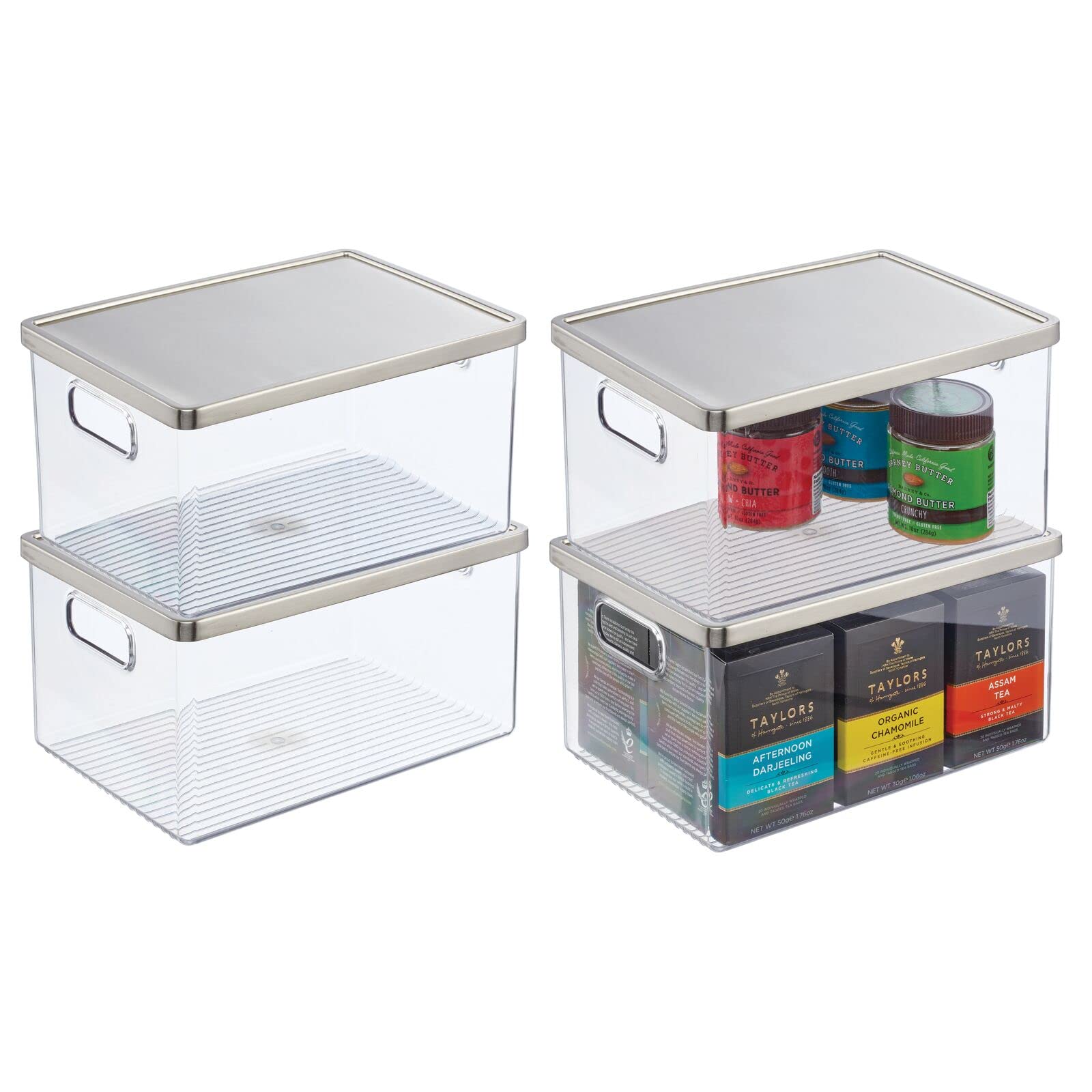 mDesign Plastic Stackable Food Storage Bins - 4 Pack Clear/Brushed Nickel with Steel Lids & Handles (11.25