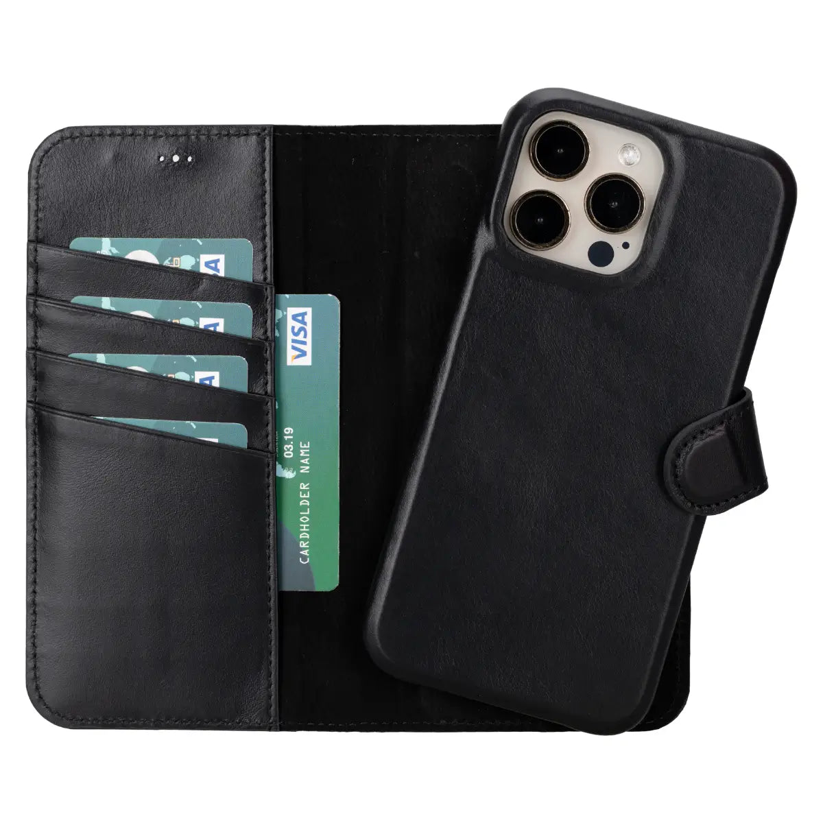 Premium Black Leather Wallet Case for iPhone 15 Pro Max - Slim RFID Blocking Protective Cover with Card Slots | Perfect for Business, Travel & Everyday Use