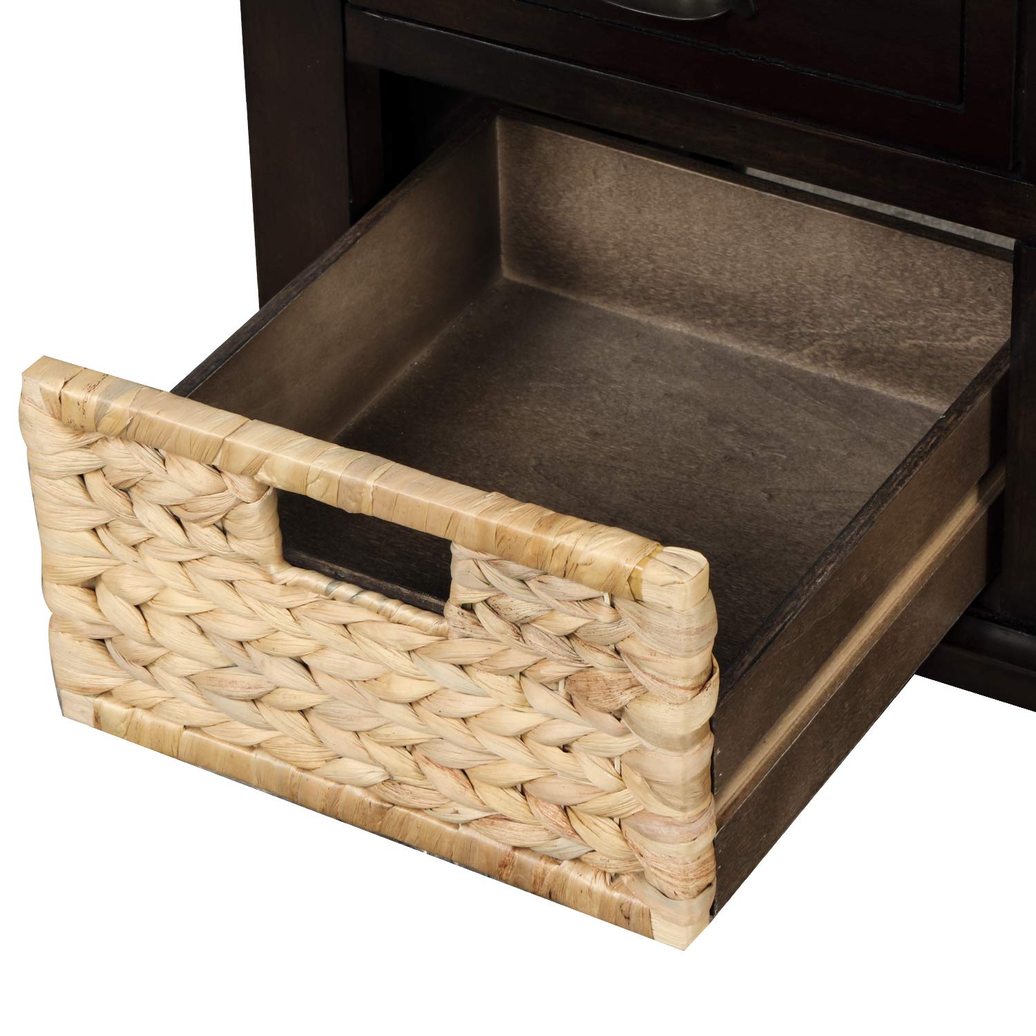 Rustic Wooden Storage Bench with 3 Drawers & 3 Woven Rattan Baskets - Entryway Shoe Bench, Hallway Organizer, Living Room Furniture (Espresso Finish) - Perfect for Small Spaces, Mudroom & Closet Storage