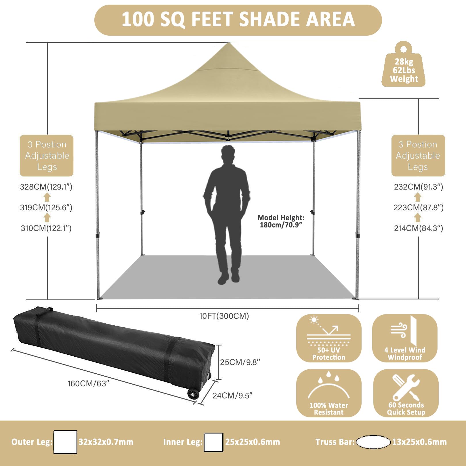 COBIZI 10x10 Pop Up Canopy Tent with 4 Sidewalls - Waterproof Heavy Duty Commercial Canopy for Outdoor Parties, Events, Camping & Backyard - Includes Wheeled Carry Bag (10x10ft, Khaki) | Perfect for Picnics, Farmers Markets, Tailgating & Beach Outings