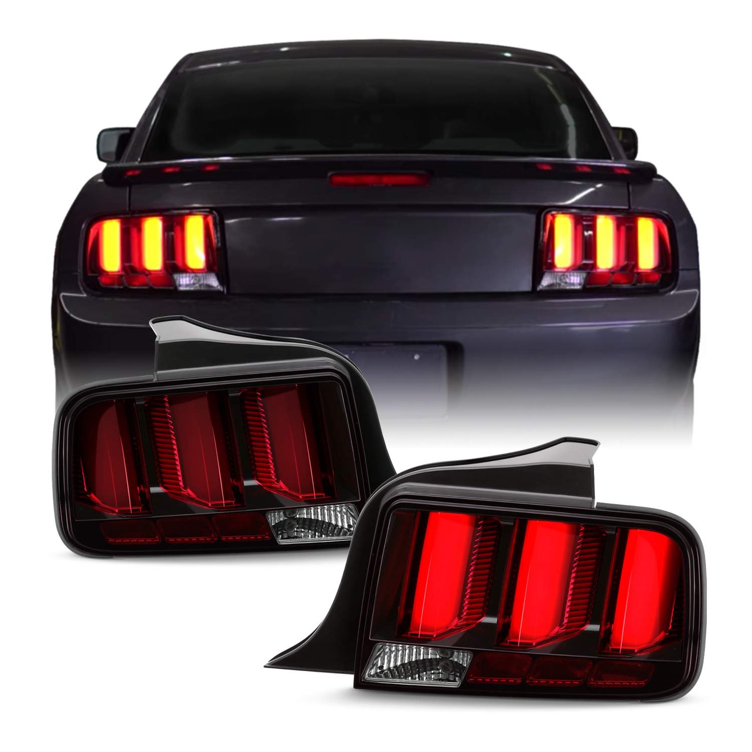 AKKON LED Tail Lights for 2005-2009 Ford Mustang - Red Tube Black Sequential Brake Lights Pair (Left + Right) | Enhances Night Visibility & Sporty Look