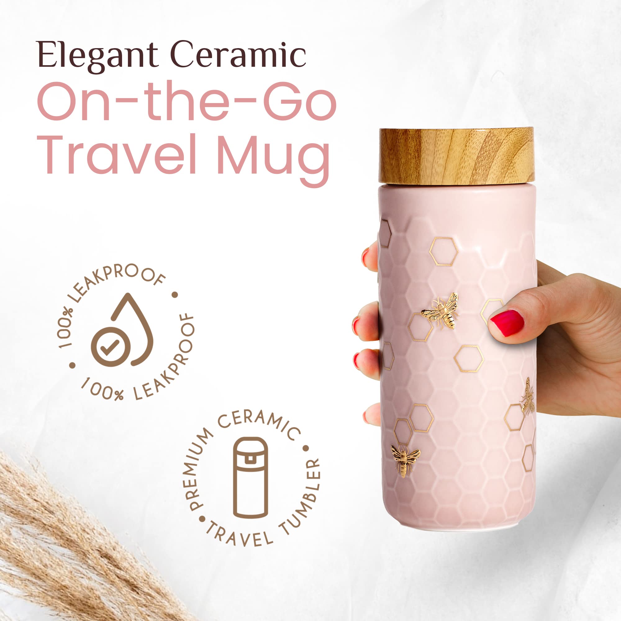 ACERA Liven Honey Bee Ceramic Travel Mug - 16oz Insulated Tumbler with Leak-Proof Lid, Double-Walled Ceramic Coffee Cup for Tea, Juice & Hot/Cold Drinks - Pink & Gold Design - Perfect for Office, Travel & Outdoor Activities