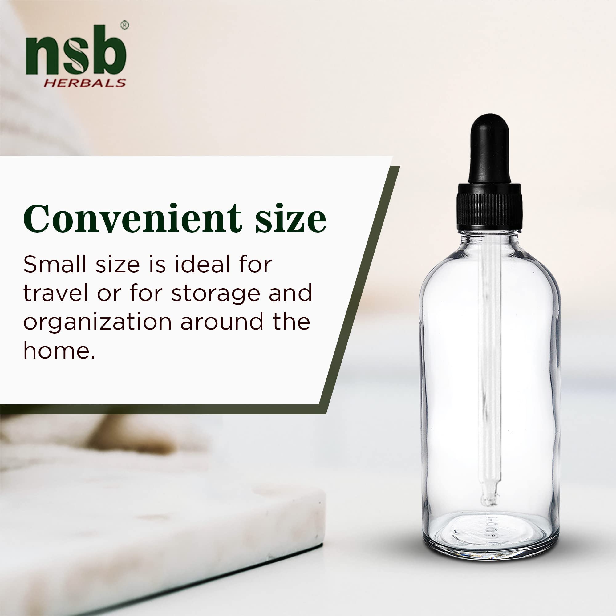 NSB Herbals 100ml Clear Round Empty Glass Bottle with Dropper - Black Ring & Silicone Teat - Refillable for Essential Oils, Perfumes, Blends (Pack of 3) - Perfect for DIY Aromatherapy, Skincare & Travel Size Liquids