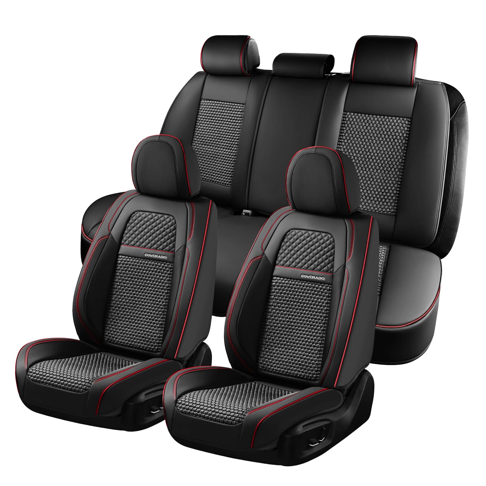 Premium Universal Car Seat Covers Full Set (5-Piece) - Breathable Leather-Woven Design for Front & Back Seats | Perfect Fit for Most Vehicles in Black & Red | Ideal for Daily Commuting, Road Trips & Family Protection