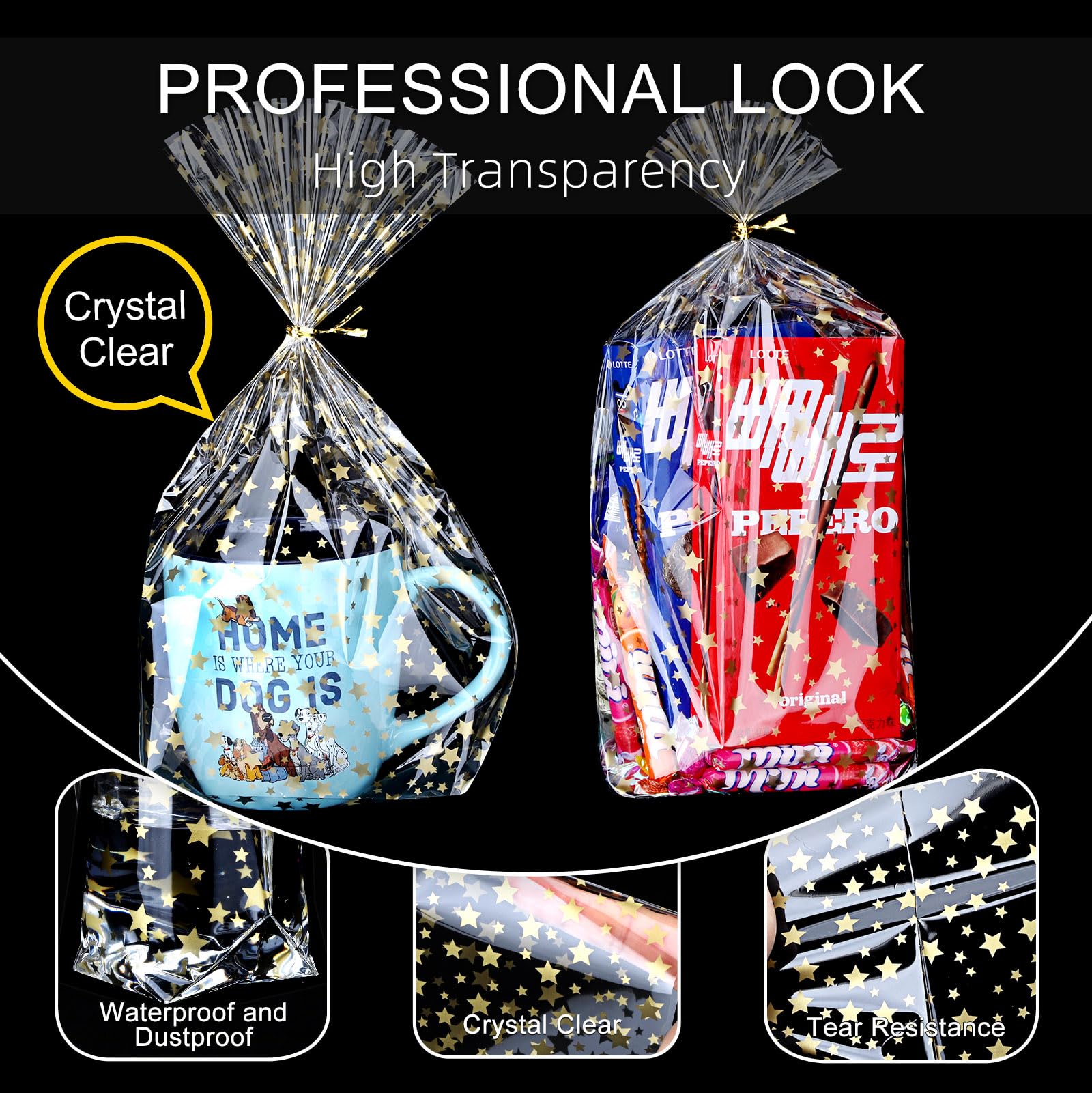 50Pcs 8x12 Inch Clear Cellophane Gift Bags with Gold Star Print & Twist Ties - Bulk Party Favor Bags for Cookies, Candies, Treats & Wedding Favors