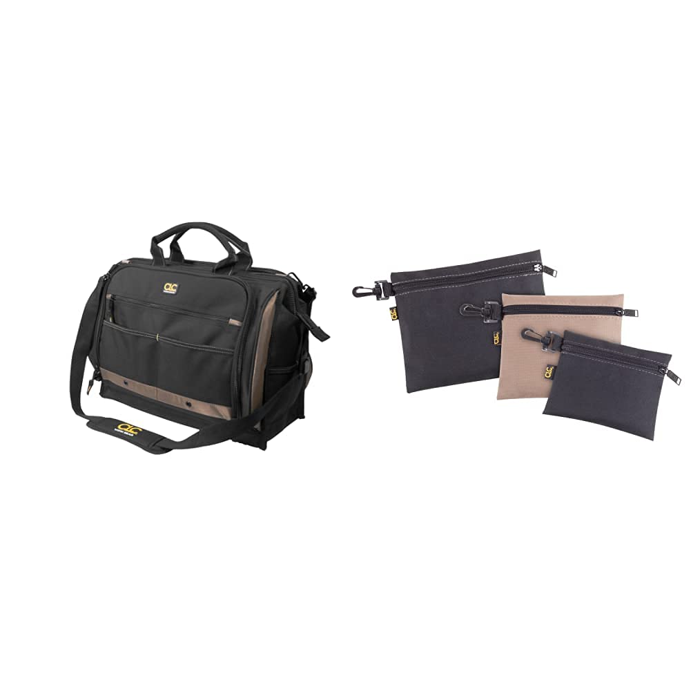 CLC 50 Pocket Heavy Duty Tool Bag with 3 Pack Zippered Poly Storage Bags - Perfect for Electricians, Carpenters & DIY Home Improvement Projects