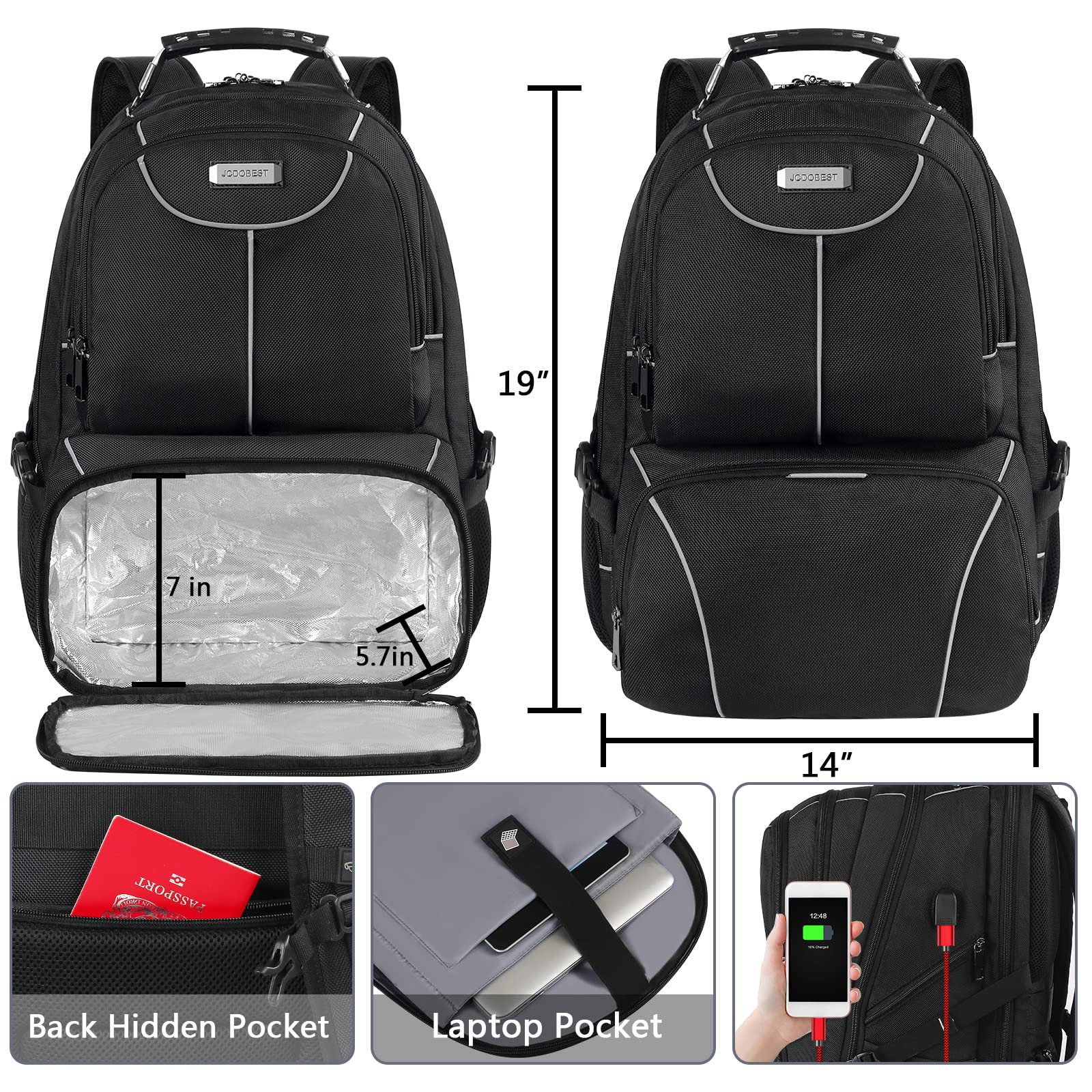 VECKUSON Insulated Lunch Bag Backpack - Large Cooler Lunch Box with USB Port, TSA Friendly RFID Laptop Backpack for Travel, College, Work - Fits 17.3 Inch Laptop for Men & Women | Perfect for Commuting, Picnics, and Business Trips