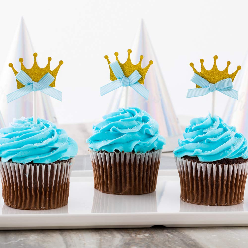 Gold & Blue Glitter Crown Cake Toppers - 10 Pack 3.7