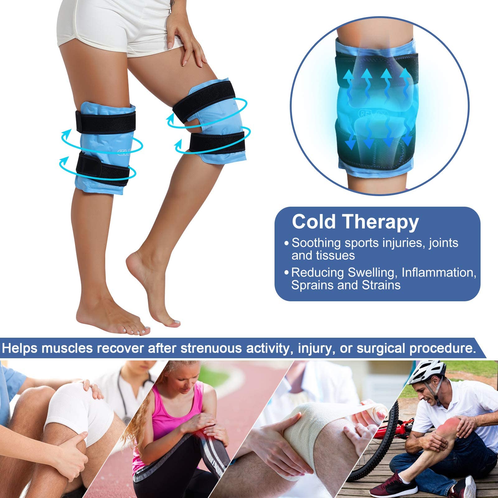 REVIX Reusable Knee Ice Pack Wrap with Cold Compression Therapy - Large Gel Ice Wrap for Knee Pain Relief, Swelling, Injuries & Recovery - Perfect for Post-Workout, Arthritis, Sports Injuries & Surgery Recovery