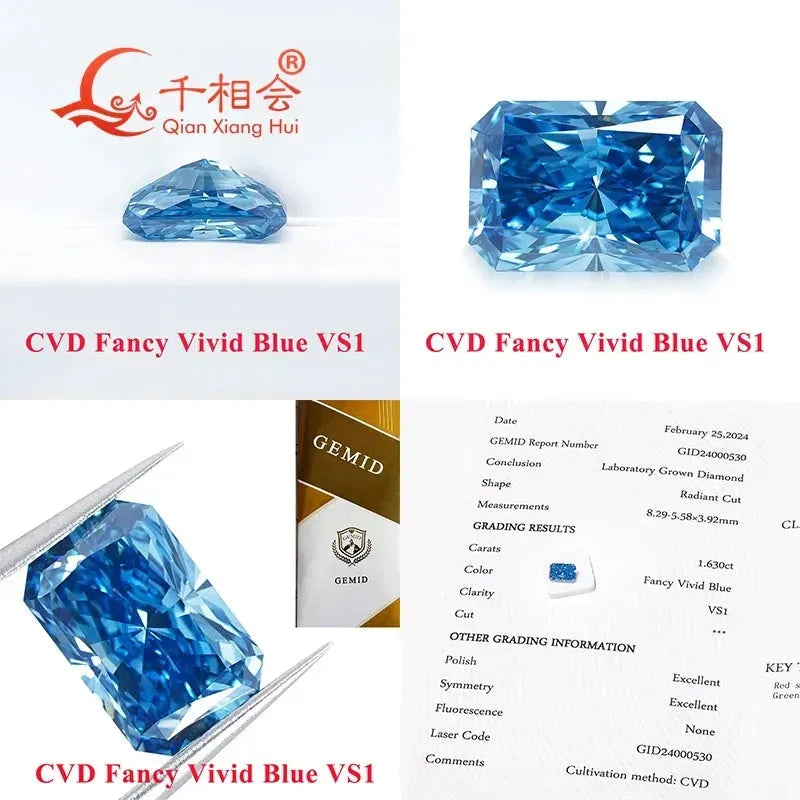 1.6ct & 2ct Lab Grown CVD Diamond - Fancy Vivid Blue VS1 Clarity Radiant Shape GEMID Certified Loose Stone for Engagement Rings & Fine Jewelry