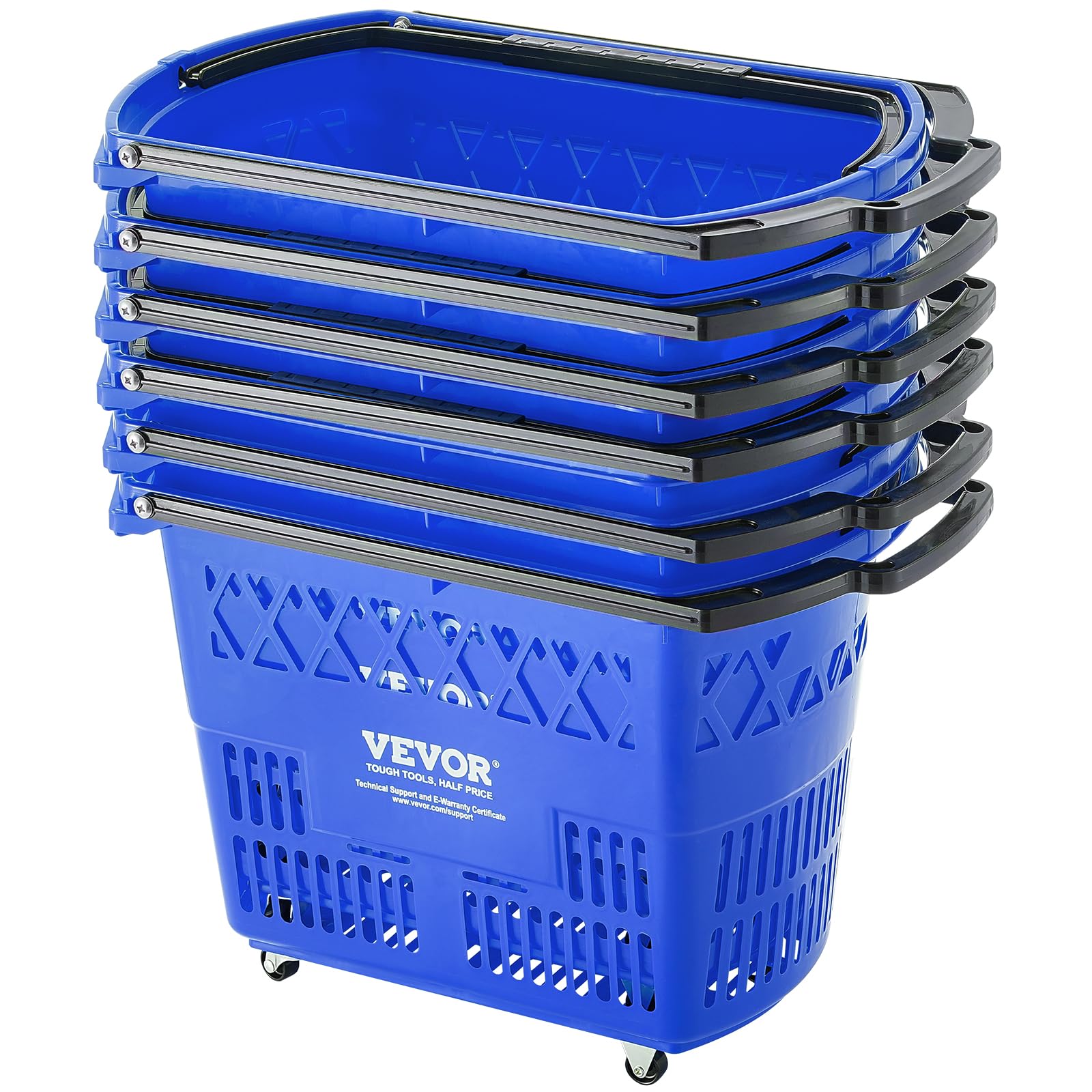 VEVOR 6-Piece 39L Rolling Shopping Baskets with Handles & Wheels - Large Plastic Shopping Cart for Supermarkets, Retail Stores & Grocery Shopping - Portable & Durable for Home, Office & Commercial Use (Blue)