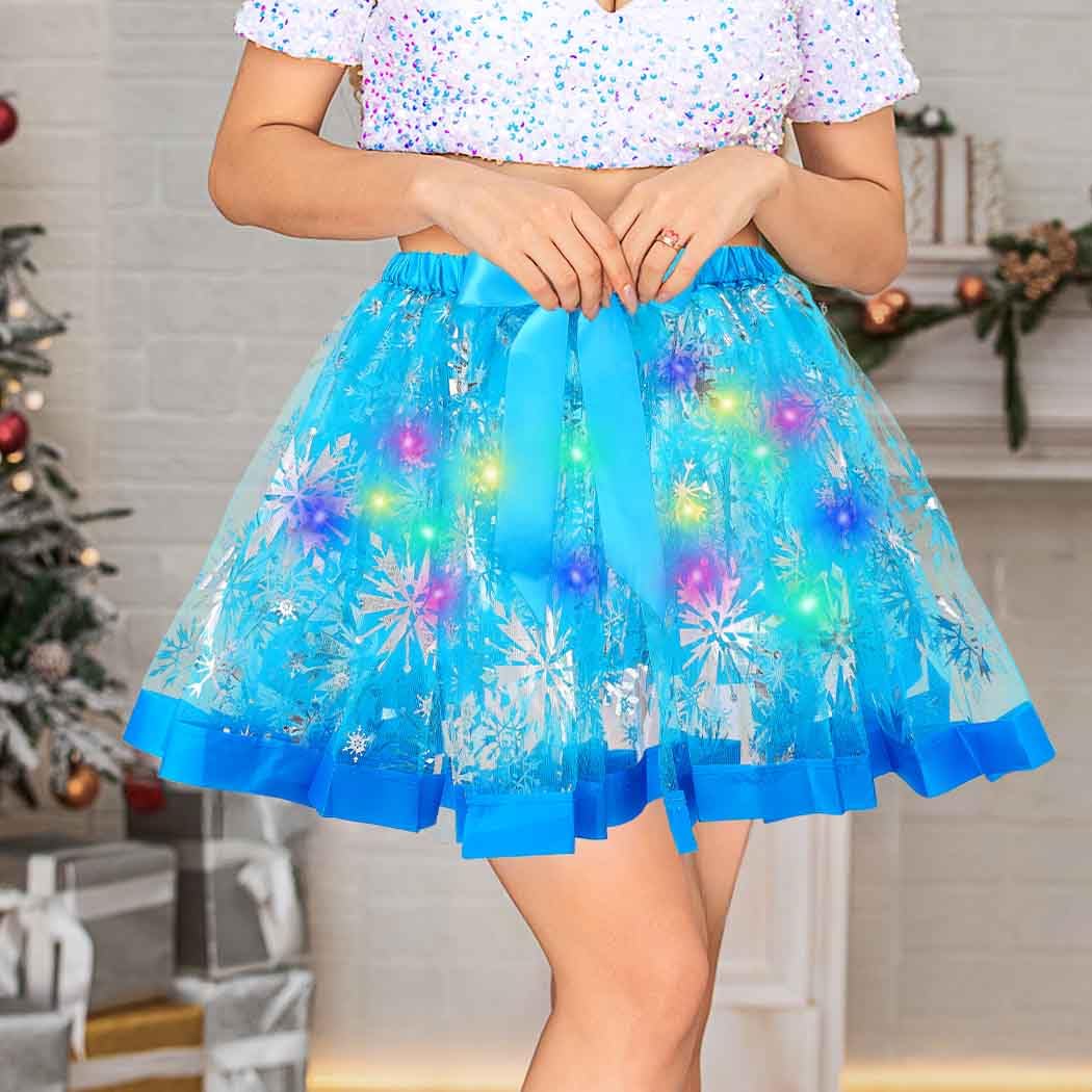 Glowing LED Snowflake Tutu Skirt - Light Up Christmas Costume for Women & Girls | Light Blue LED Party Dress for Xmas, New Year, Holiday Dances & Festive Celebrations