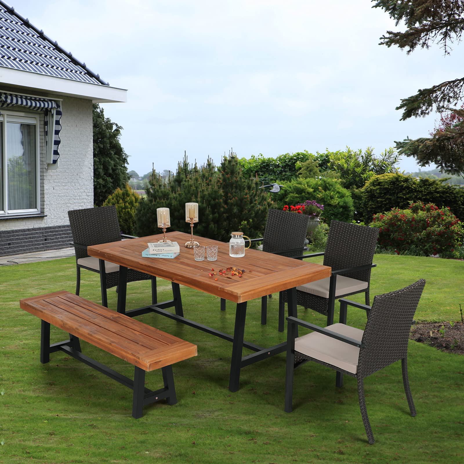 Sophia & William 6-Piece Outdoor Patio Dining Set - PE Rattan Chairs with Cushions, Acacia Wood Table & Bench - Modern Conversation Furniture for Porch, Balcony, Backyard - Perfect for Family Gatherings & Outdoor Entertaining