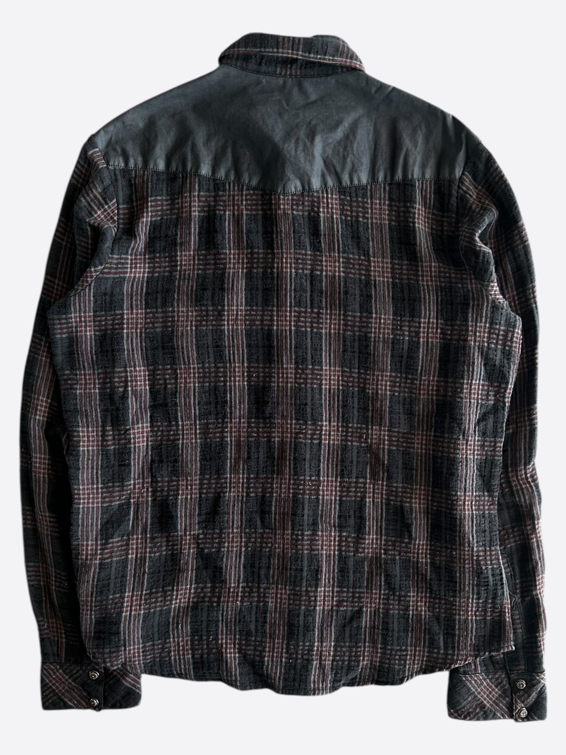 Chrome Hearts Red & Black Leather Cross Patch Flannel Shirt - Stylish Gothic Fashion for Men & Women - Perfect for Casual Wear, Concerts, and Street Style