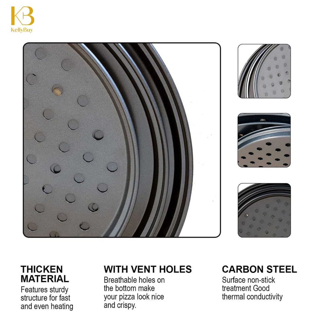 3-Pack Non-Stick Carbon Steel Pizza Pans with Holes - 12, 11 & 9 Inch Round Baking Pans for Oven - Perfect for Home, Restaurant & Commercial Use - Durable Black Coating for Even Heat Distribution