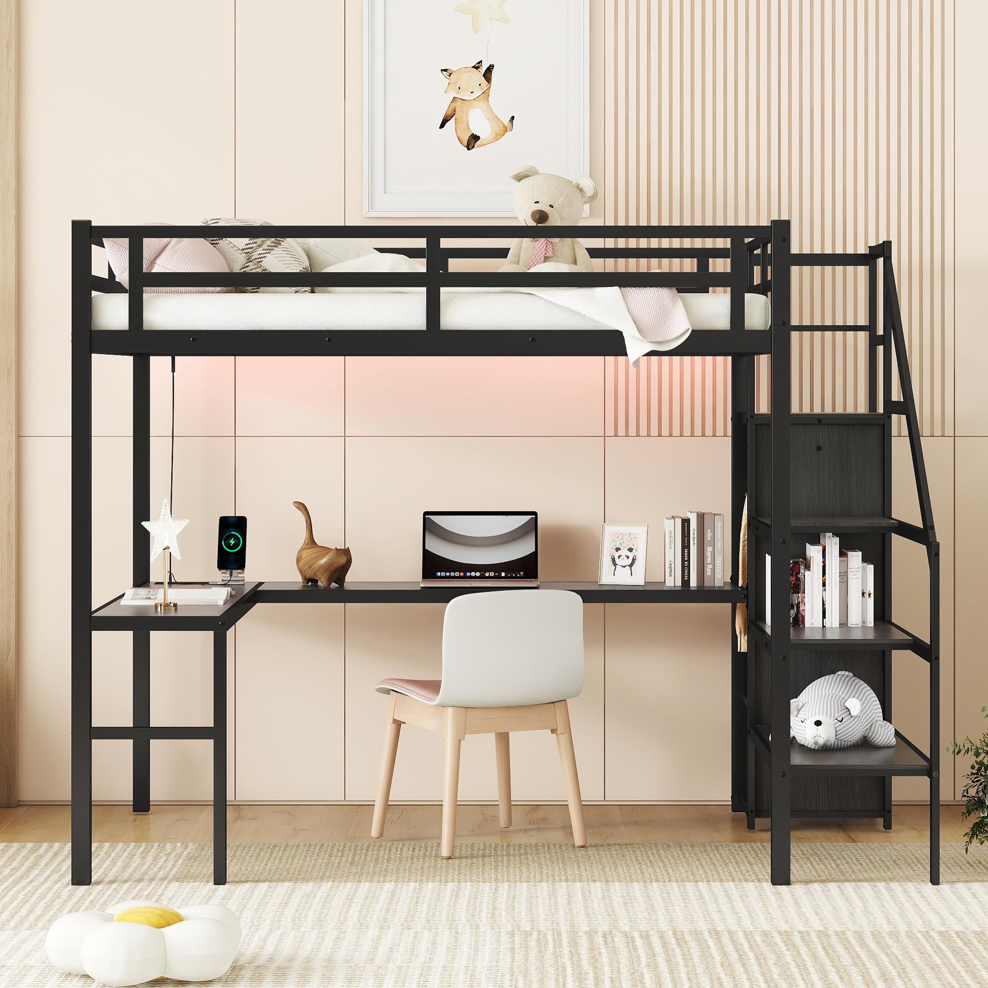 Full XL Size Loft Bed with L-Shaped Desk & Wardrobe - Metal Loft Bed Frame with Storage Stairs, Adjustable Shelf & Guardrails - 69