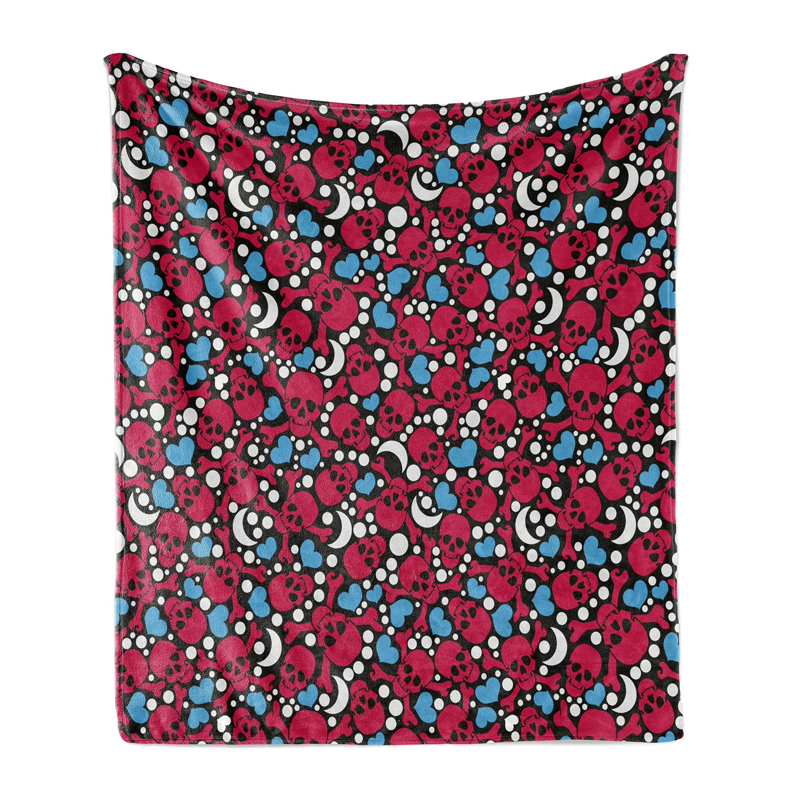 Ambesonne Skull Throw Blanket - Soft Flannel Fleece Blanket with Smiling Red Skulls, Hearts, Moons & Dots Pattern on Black Background, 60