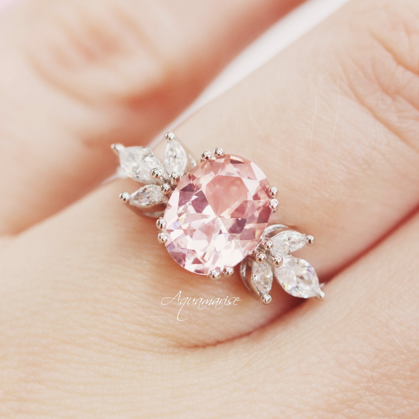 Eva Morganite Ring Sterling Silver – Elegant Pink Gemstone Jewelry for Women, Perfect for Engagement, Wedding & Anniversary Gifts