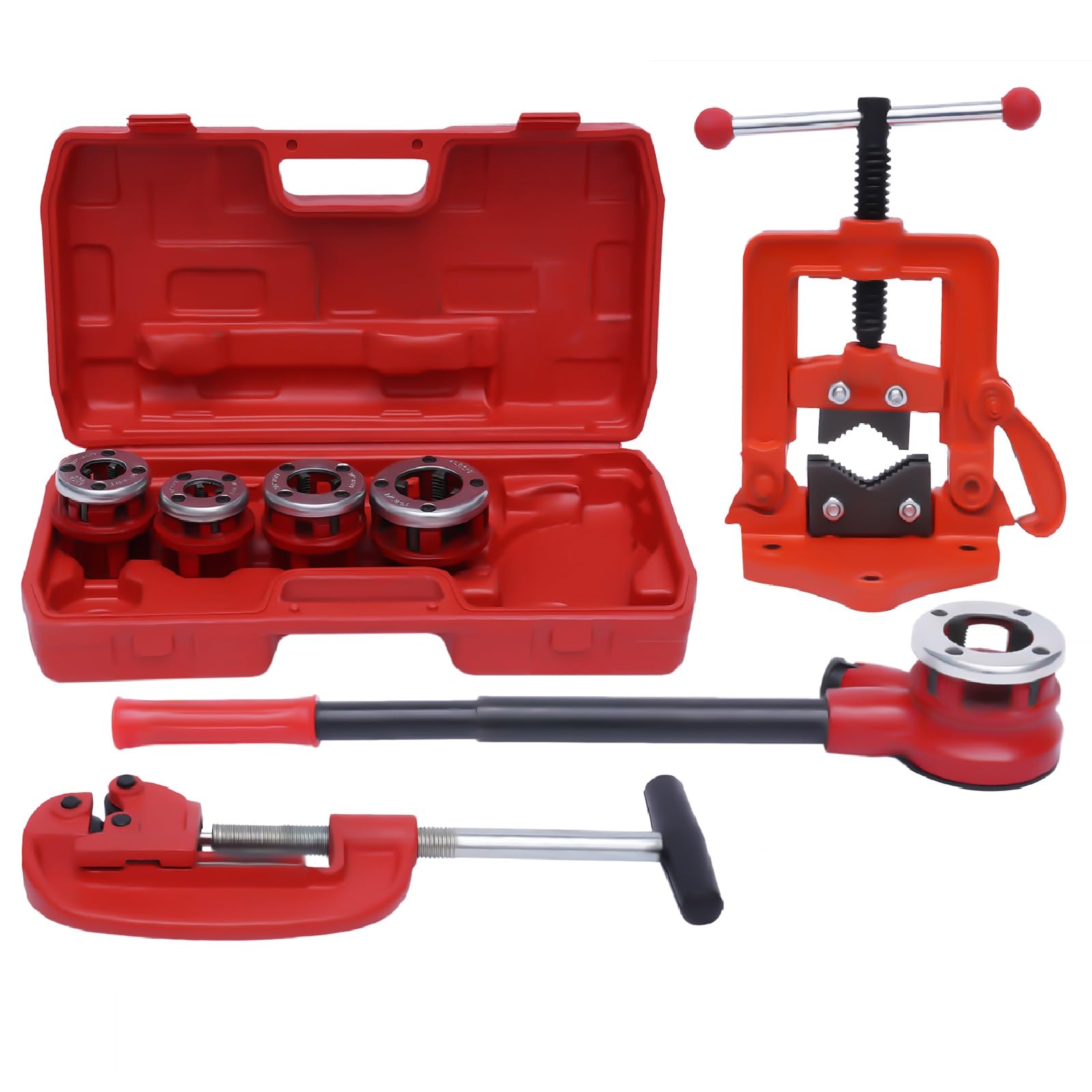 Ratcheting Pipe Threader Kit with 5 BSPT Dies & Handle - Professional Plumbing Tool Set for Pipe Threading, Hex Die Set - Perfect for DIY Home Repairs, Plumbing Projects, and Pipe Fittings