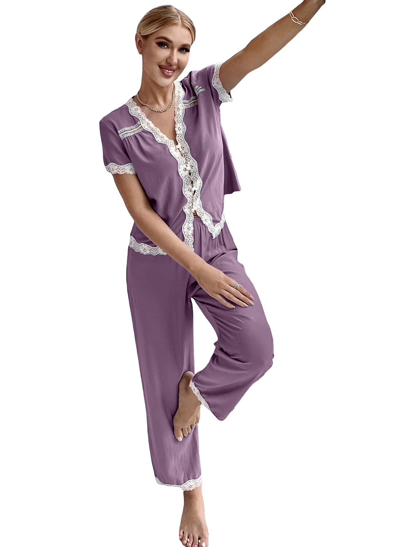 SHENHE Women's 2-Piece Lace Trim Pajama Set for Lounge & Sleep