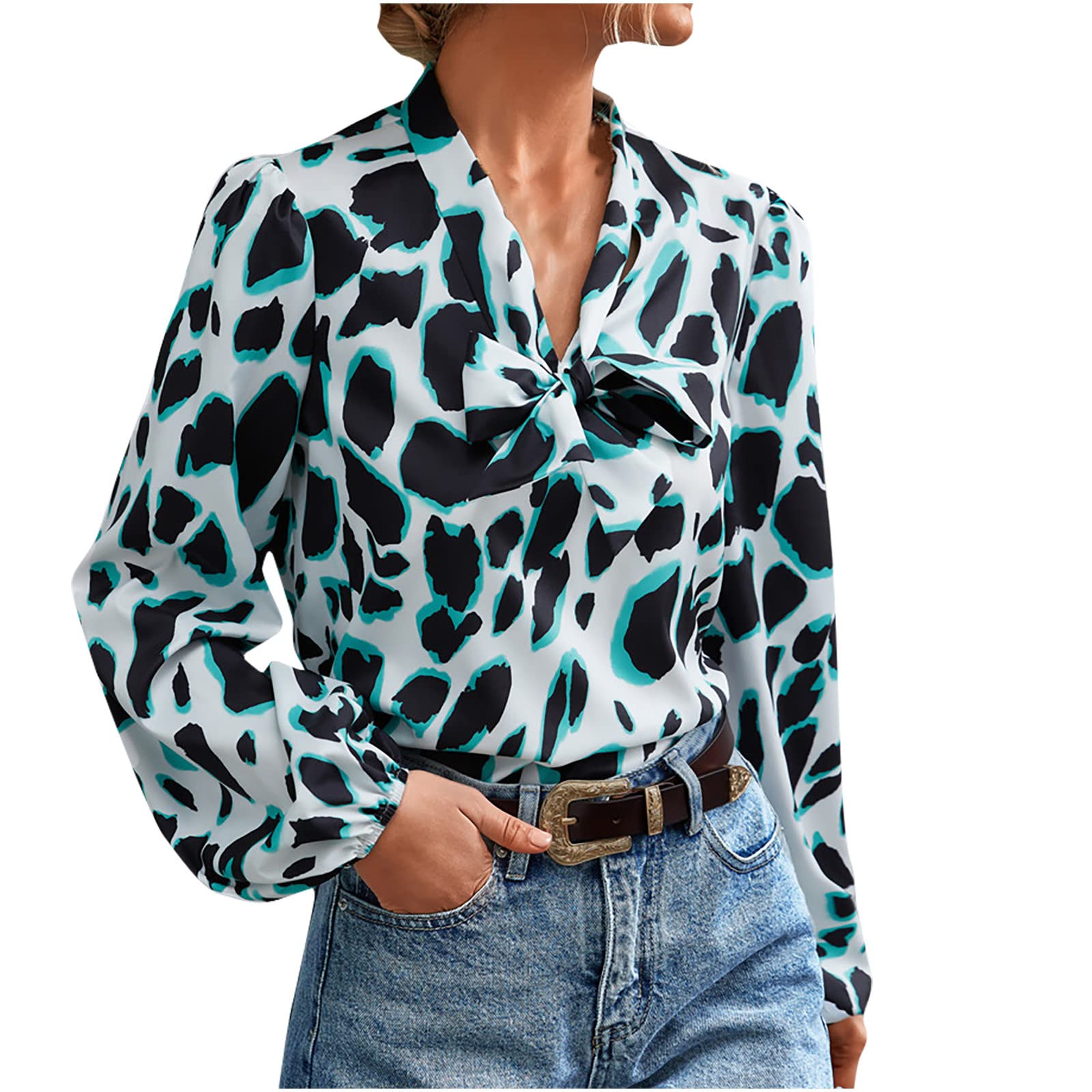 2024 Women's Spring Fashion Tops - Elegant Puff Sleeve Blouses with Bow Tie, Trendy Printed Casual Shirts & Long Sleeve Tees for Work, Date Night & Weekend Outfits
