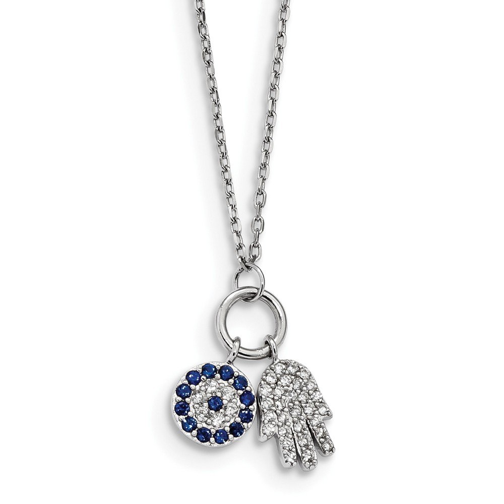17 Inch Sterling Silver Rhodium-Plated CZ Eye & Hamsa Charm Necklace - Perfect for Spiritual Protection & Fashion Jewelry Gifts