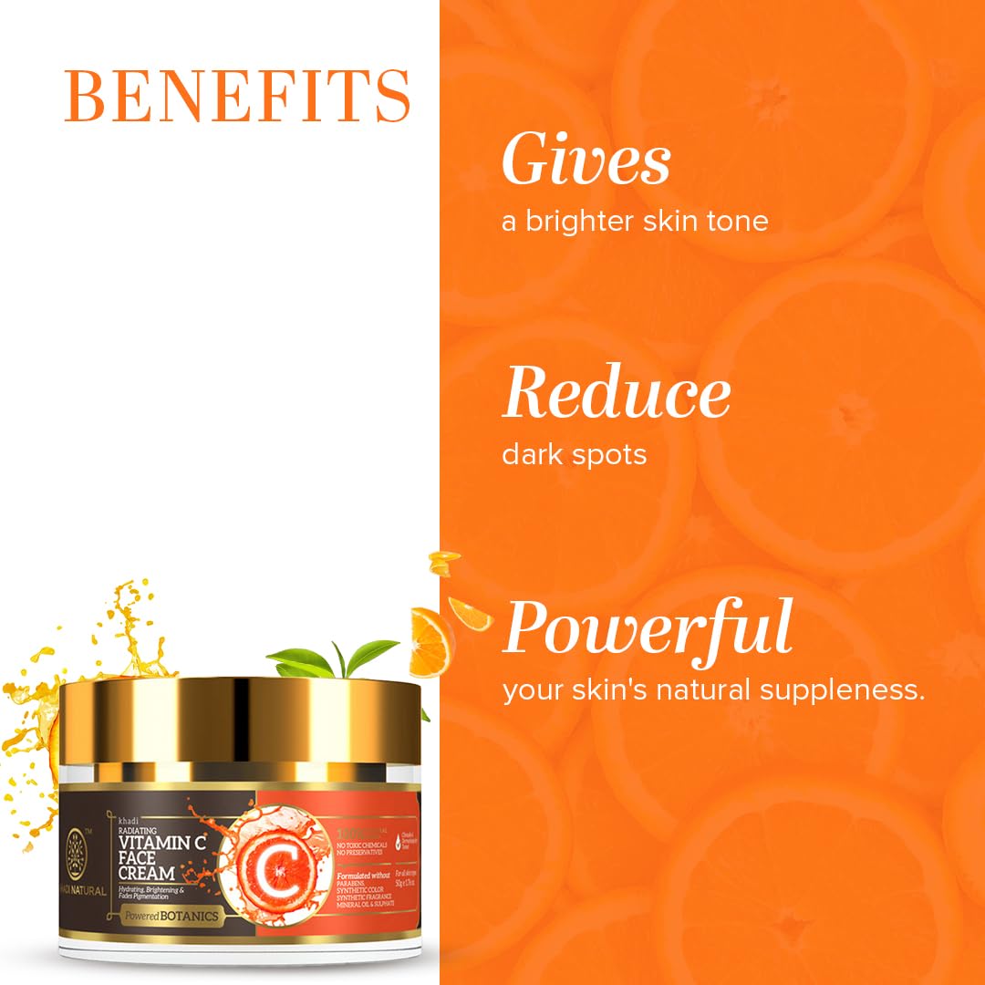 Khadi Natural Vitamin C Face Cream - Hydrating & Brightening for Dark Spots, Dull & Aging Skin | Botanically Powered | All Skin Types | 50g | Perfect for Daily Skincare Routine & Nighttime Repair