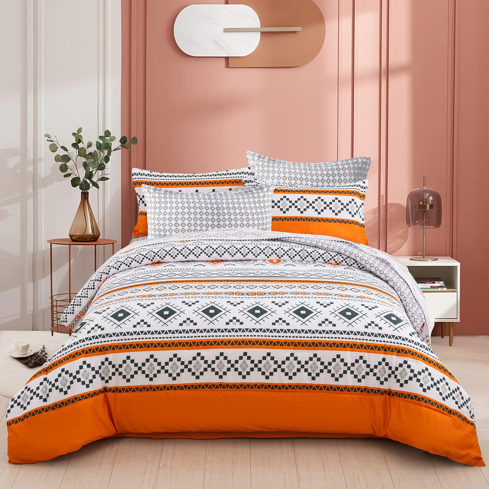 7-Piece King Size Boho Orange Comforter Set - Geometric Bohemian Bedding with Microfiber Comforter, Sheets & Pillowcases | Perfect for Master Bedroom, Guest Room & Bohemian Home Decor