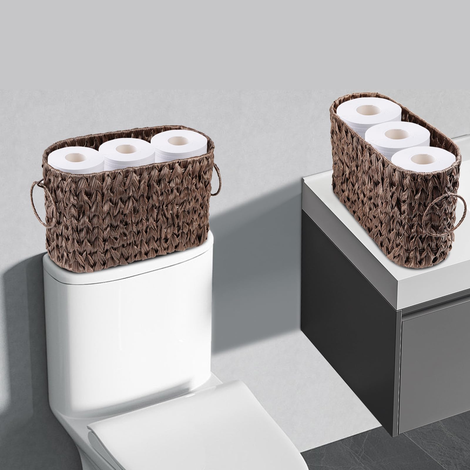 Premium Wicker Toilet Paper Storage Basket - Holds 6 Mega Rolls, Bathroom Organizer with Lid, Natural Brown Rattan Basket for Bathroom Accessories - Perfect for Small Spaces, Apartment Living & Farmhouse Decor