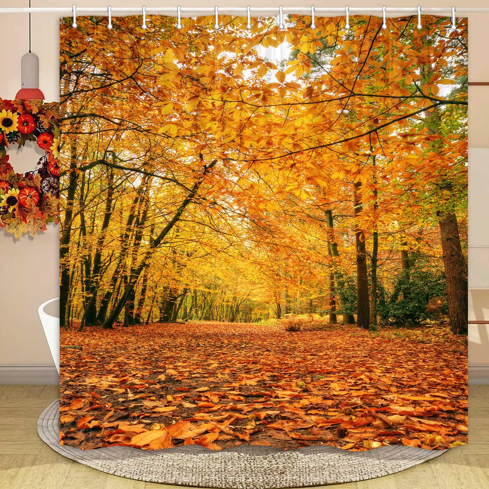 72x72 Inch Autumn Leaves Shower Curtain Set with Hooks - Fall Bathroom Decor for Thanksgiving & Halloween - Waterproof Fabric for Cozy Seasonal Home Decor