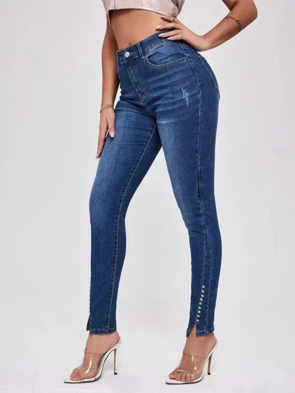 Stylish Women's Beaded Slit Jeans - Trendy High Waist Distressed Denim Pants for Casual Outings & Night Out