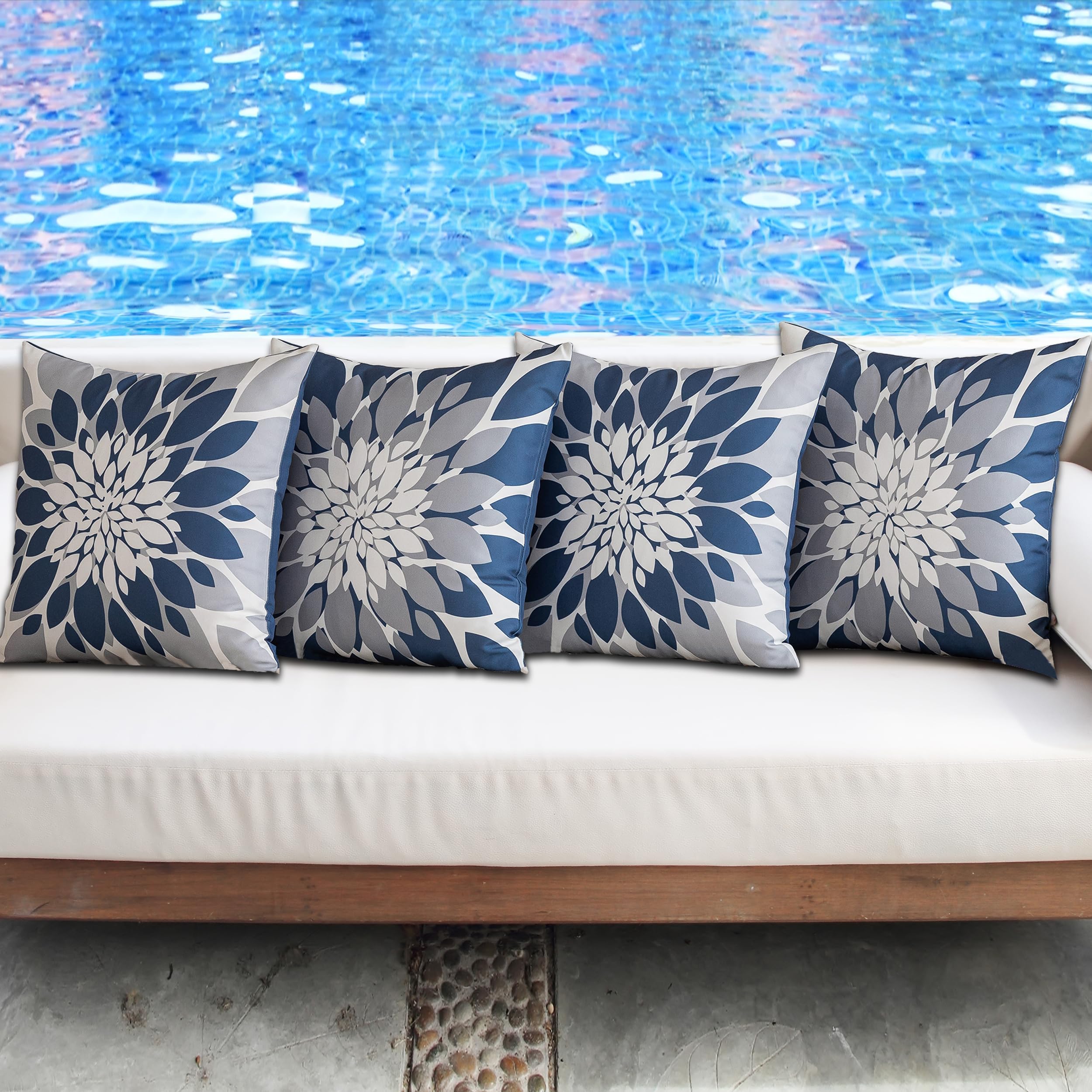 Qahing 4-Pack Waterproof Outdoor Pillow Covers 20x20 - Decorative Square Cushion Cases for Patio Furniture, Garden, Couch, Bench & Tent - Sunbrella Fabric in Blue Grey - Perfect for Backyard, Poolside & Camping
