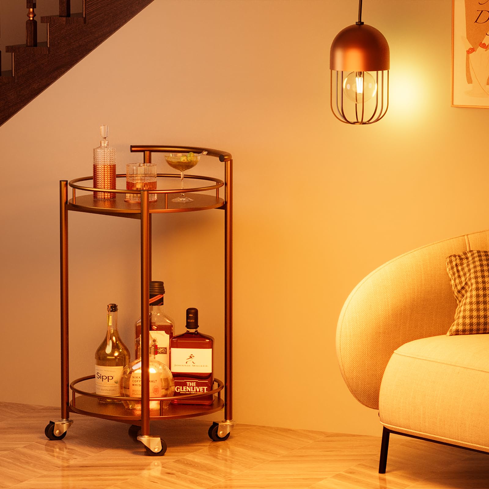 Gold Rolling Bar Cart with 2 Tiers - Round Wine Serving Cart with Handle, Metal Wine Rack & Wheels - Mobile Bar Trolley for Home Kitchen, Living Room, Party, Christmas & New Year Celebrations - Perfect for Entertaining Guests & Displaying Drinks