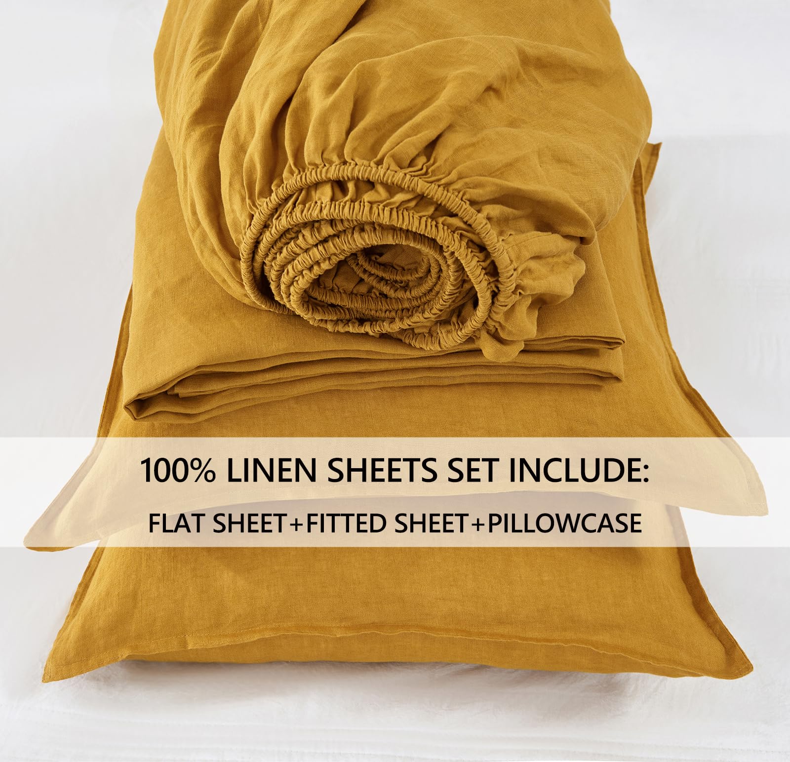 100% Organic Linen Sheets California King Size - French Flax Bedding Set 4pc (Stone Washed, Breathable, Yellow) | Luxury Eco-Friendly Bed Sheets for Master Bedroom & Guest Room