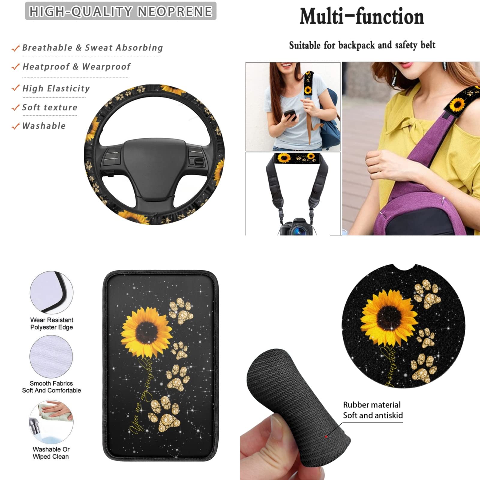 Sunflower with Paws Car Seat Covers Full Set - Neoprene Steering Wheel Cover, Armrest Pads & Seat Belt Cushions - Cute Floral Car Accessories for Women - Perfect for Daily Commute & Road Trips