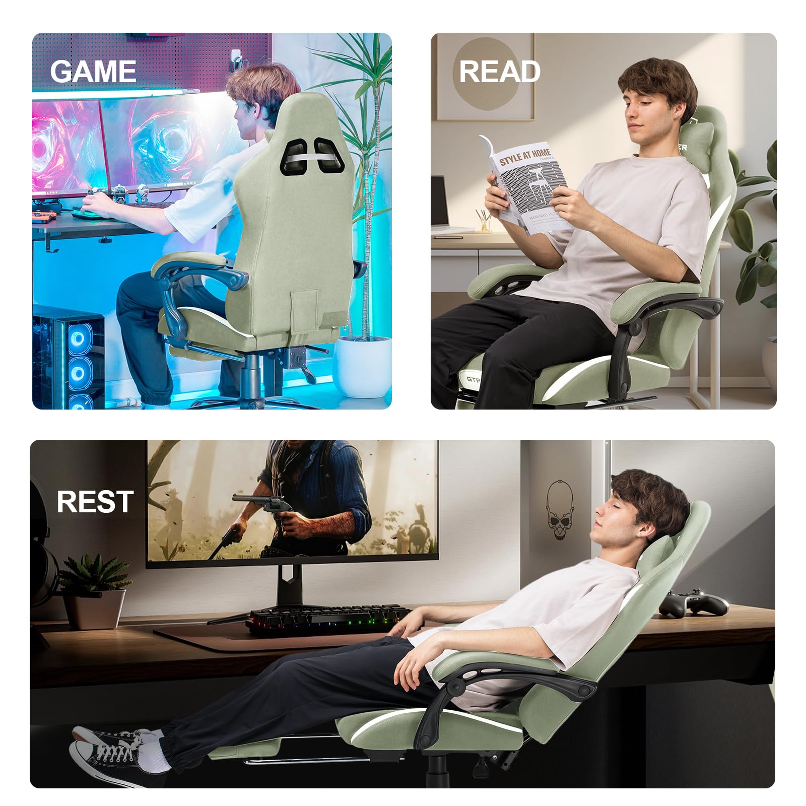 GTPLAYER Ergonomic Gaming Chair with Breathable Fabric & Pocket Spring Cushion - Adjustable Footrest & Lumbar Support Computer Chair for Adults (Green) | Perfect for PC Gaming, Office Work & Home Entertainment