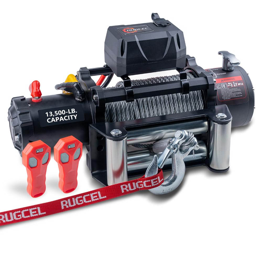 RUGCEL 13500lb Waterproof 12V Electric Winch with Steel Rope - Heavy Duty Truck & Jeep Winch Kit with Roller Fairlead, Wired Handle & 2 Remotes - Perfect for Off-Road Recovery, UTV/ATV, Wrangler & Vehicle Lifting