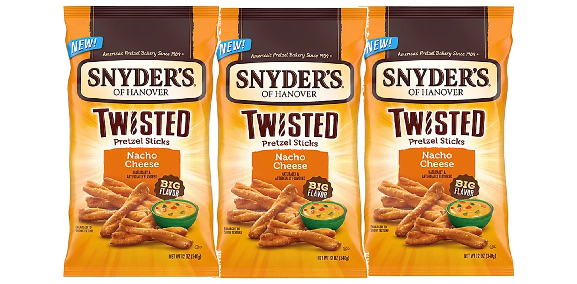 Snyders of Hanover Nacho Cheese Twisted Pretzel Sticks - 3 Pack Sharing Size Bags | Crunchy Snack for Parties, Movie Nights & On-the-Go
