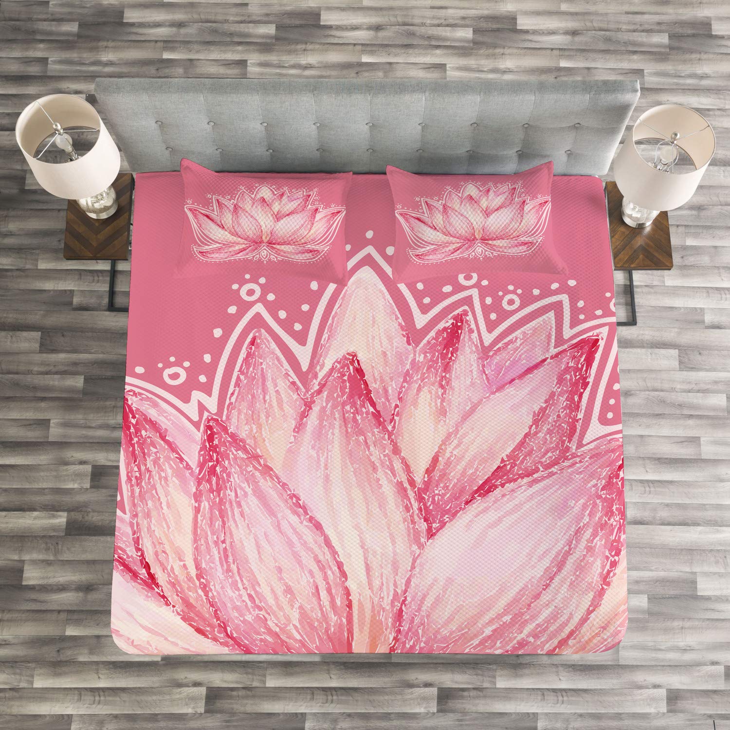 Ambesonne Floral Bedspread Set - King Size 3-Piece Lotus Flower Yoga Design with 2 Pillow Shams in Pale Pink Cream | Boho Chic Bedroom Decor for Master Bedroom, Guest Room & Yoga Retreat
