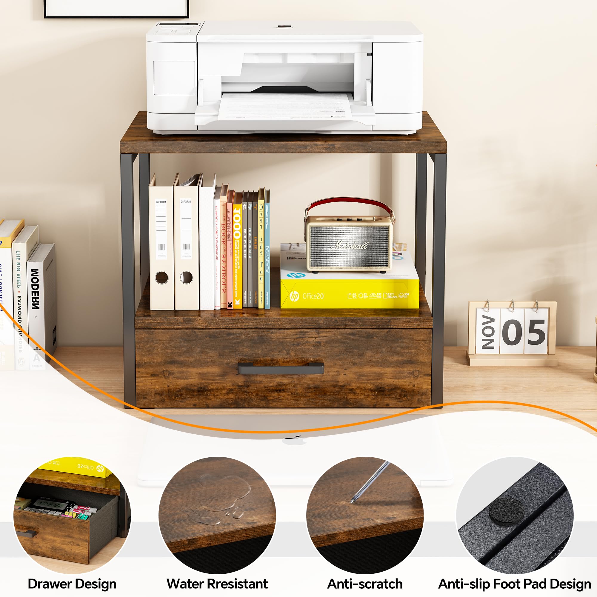 2-Tier Heavy Duty Printer Stand with Storage Drawer - Multi-Purpose Desk Organizer for Home Office | Perfect for Laser/Inkjet Printers, Scanners & Office Supplies Organization