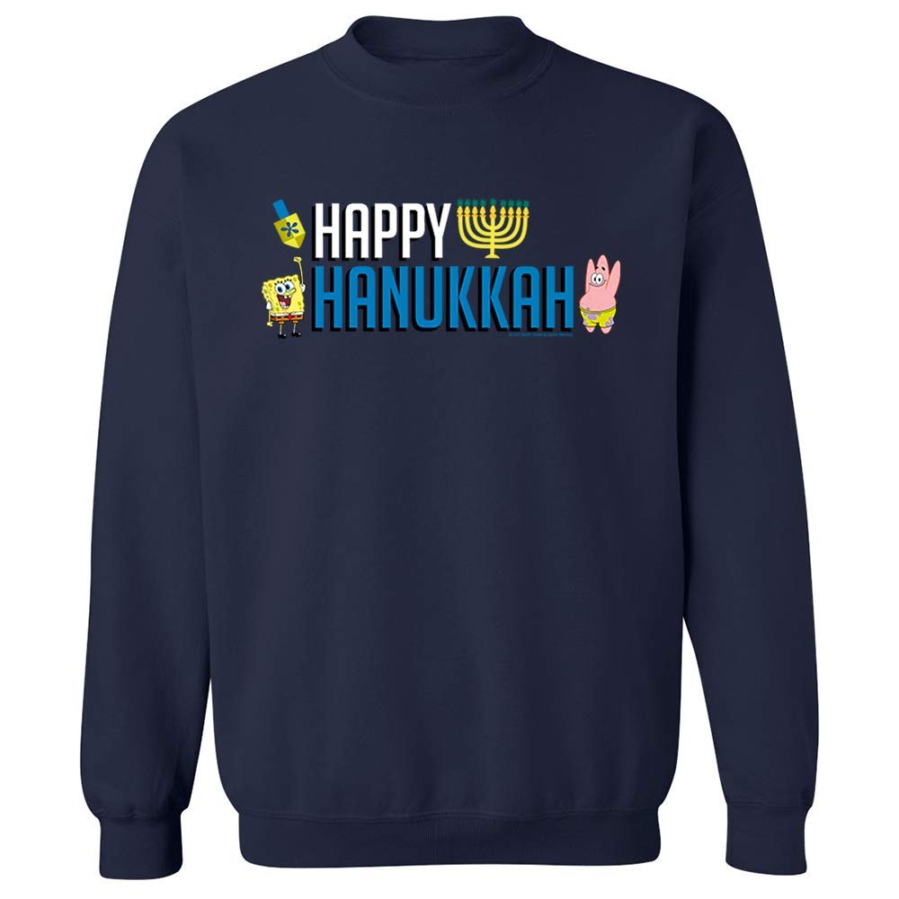 SpongeBob SquarePants Happy Hanukkah Fleece Crewneck Sweatshirt - Cozy Holiday Sweater for Men & Women - Perfect for Christmas, Hanukkah Gifts & Winter Parties