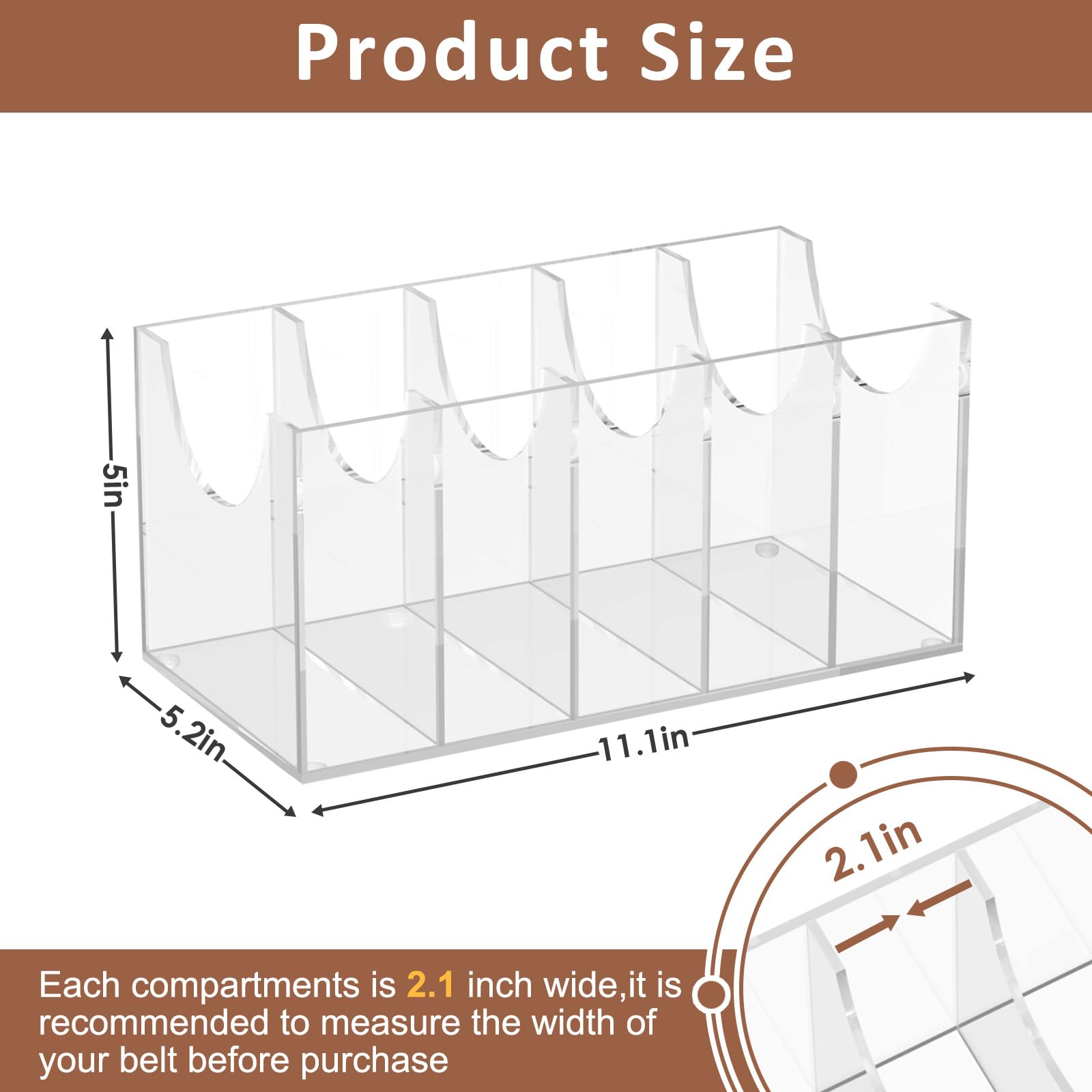 Clear Acrylic Belt Organizer with 5 Compartments - Wall Mount & Drawer Storage for Belts, Ties, Jewelry, Bracelets & Cosmetics | Perfect for Closet Organization & Small Space Storage