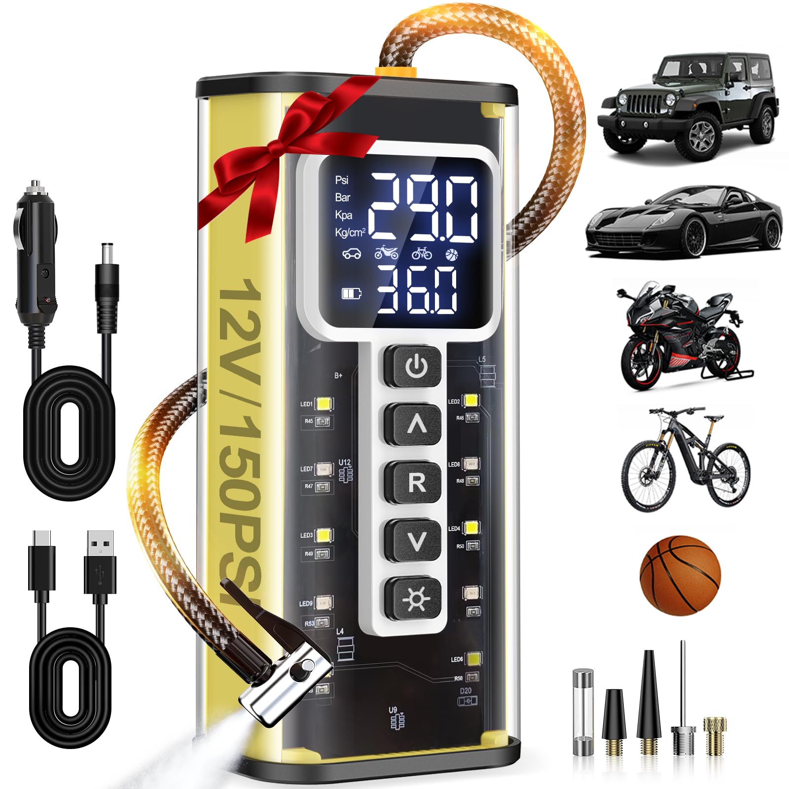 Portable Tire Inflator Air Compressor with 20000mAh Battery - Digital Pressure Gauge, Auto Shut-Off - Fast Inflation for Car, Bike, Motorcycle Tires & Sports Balls - Perfect for Road Trips, Emergency Use & Home Garage