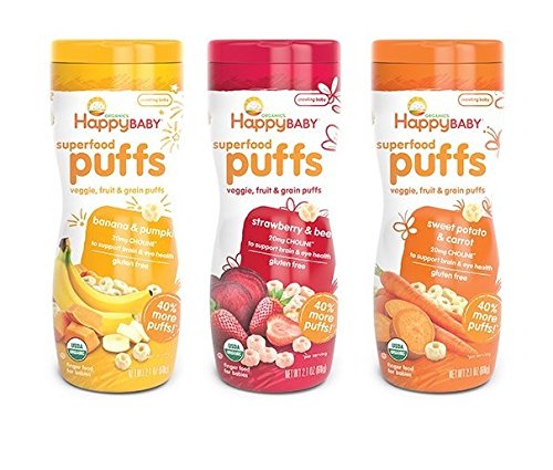 Organic Baby Puffs Snacks - Happy Baby 3 Pack (Strawberry, Banana & Sweet Potato) 2.1oz - Healthy Finger Food for Toddlers 6+ Months - Perfect for On-the-Go, Daycare & Travel Snacking