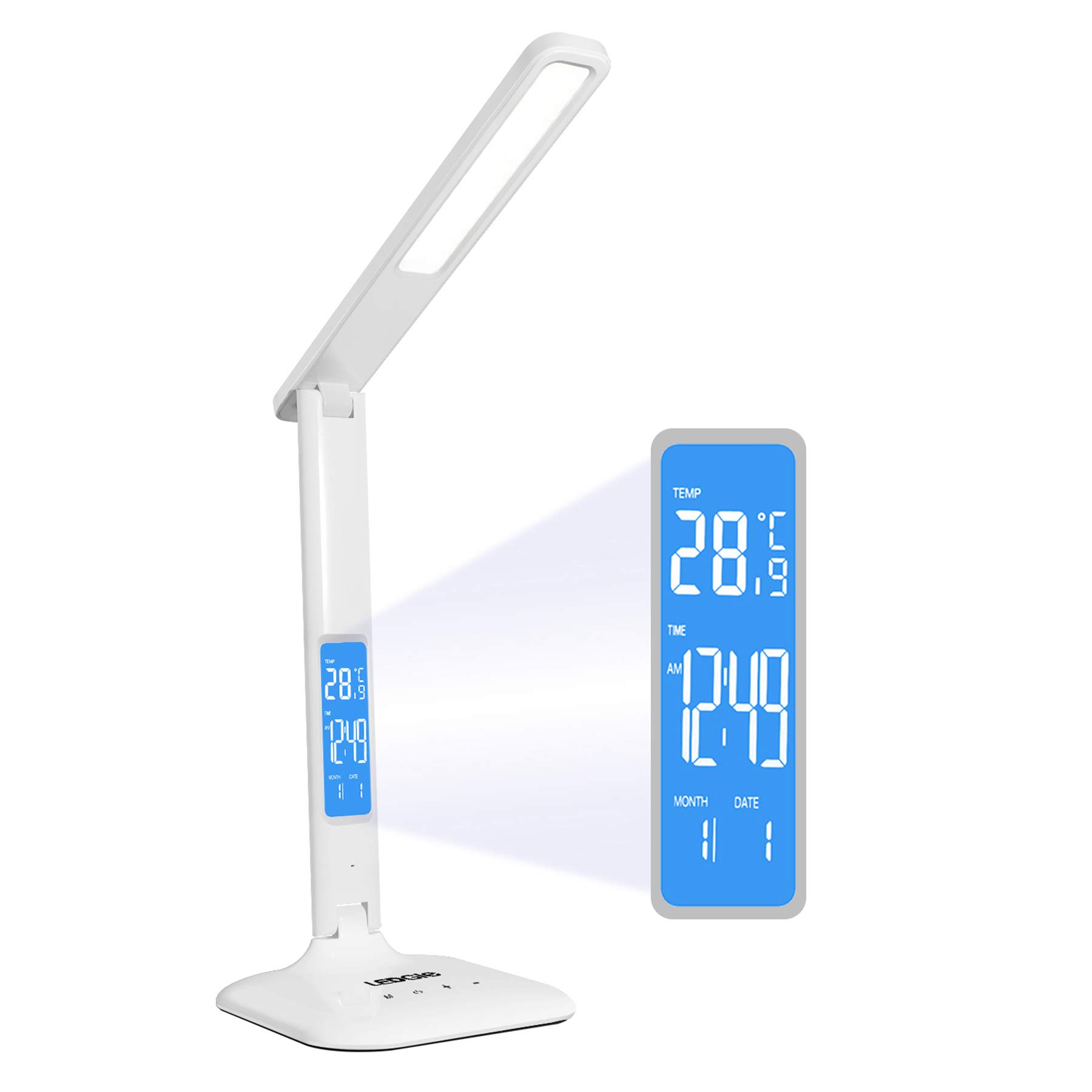LEDGLE Adjustable Brightness LED Desk Lamp with USB Charging Port, Touch Control & Clock - 5-Level Dimmable, Foldable Eye-Caring Table Light for Home Office, Reading & Study - Perfect for Night Work, Online Classes and Bedside Use