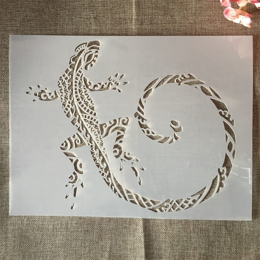 35x26cm Large Reusable Mandala Lizard Long Tail Stencil - DIY Painting Template for Scrapbooking, Furniture, Wall & Floor Decor | Perfect for Home Art Projects, Crafting & Interior Design